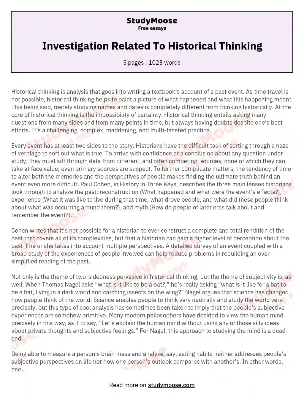 Investigation Related To Historical Thinking essay