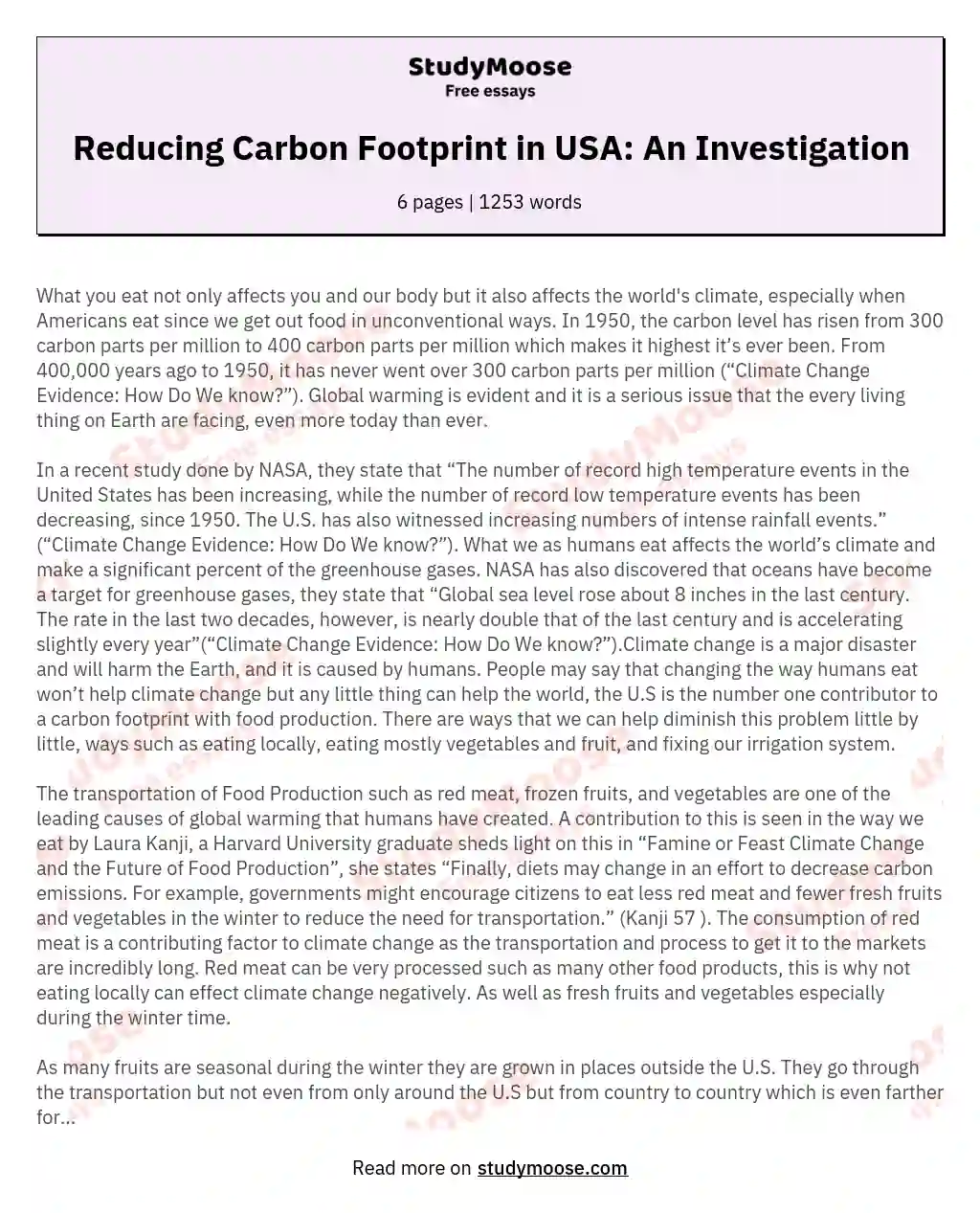 Reducing Carbon Footprint in USA: An Investigation essay