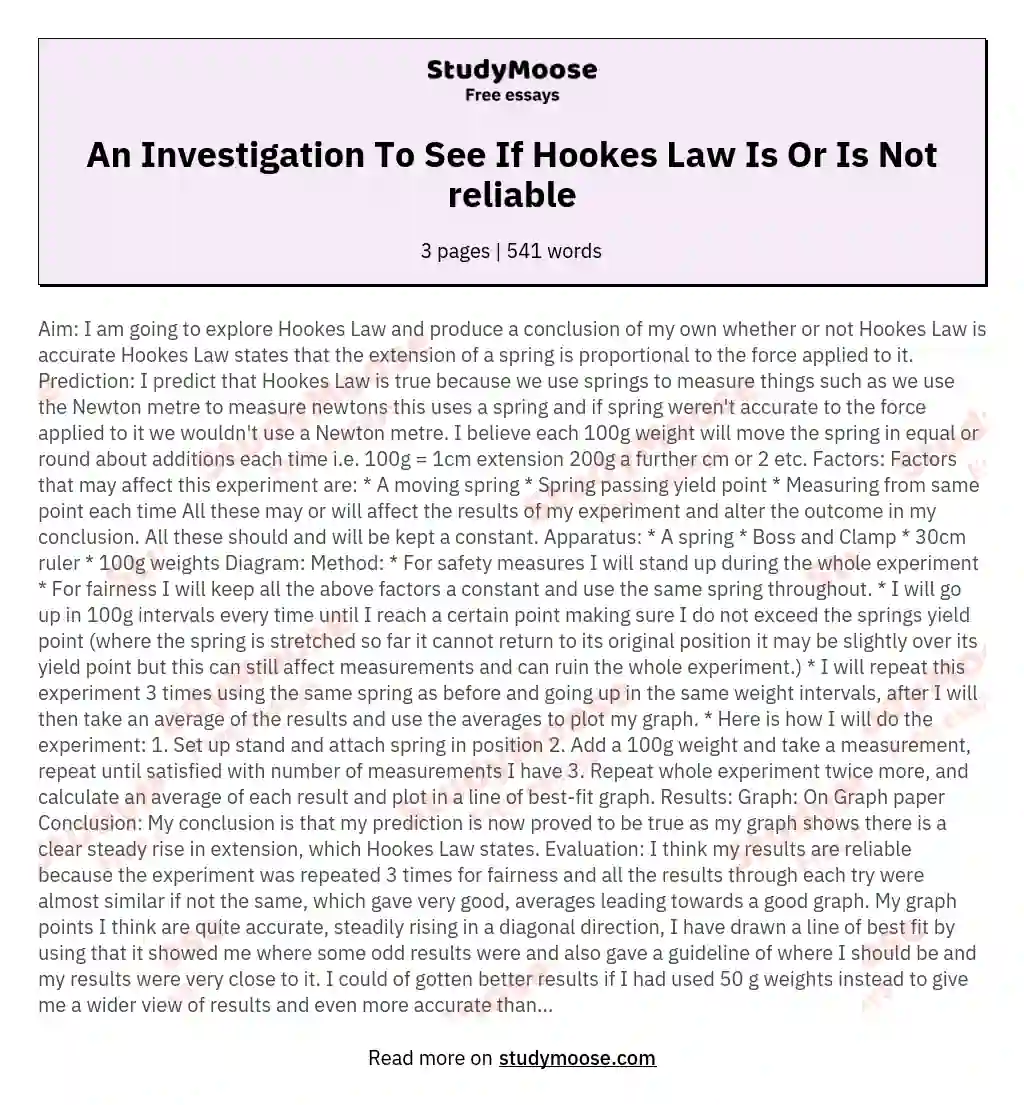 An Investigation To See If Hookes Law Is Or Is Not reliable essay