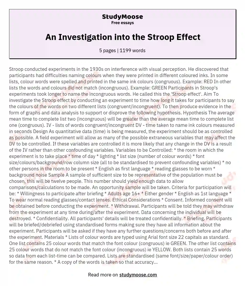 An Investigation into the Stroop Effect essay