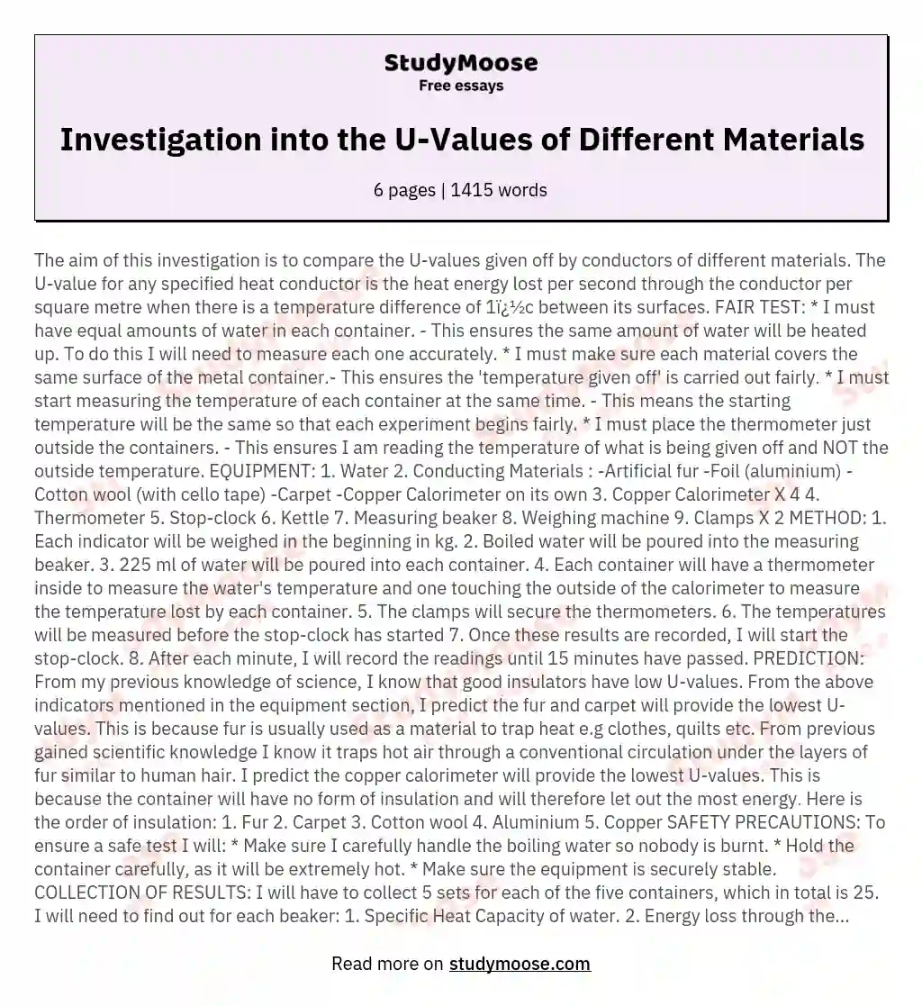 Investigation into the U-Values of Different Materials essay