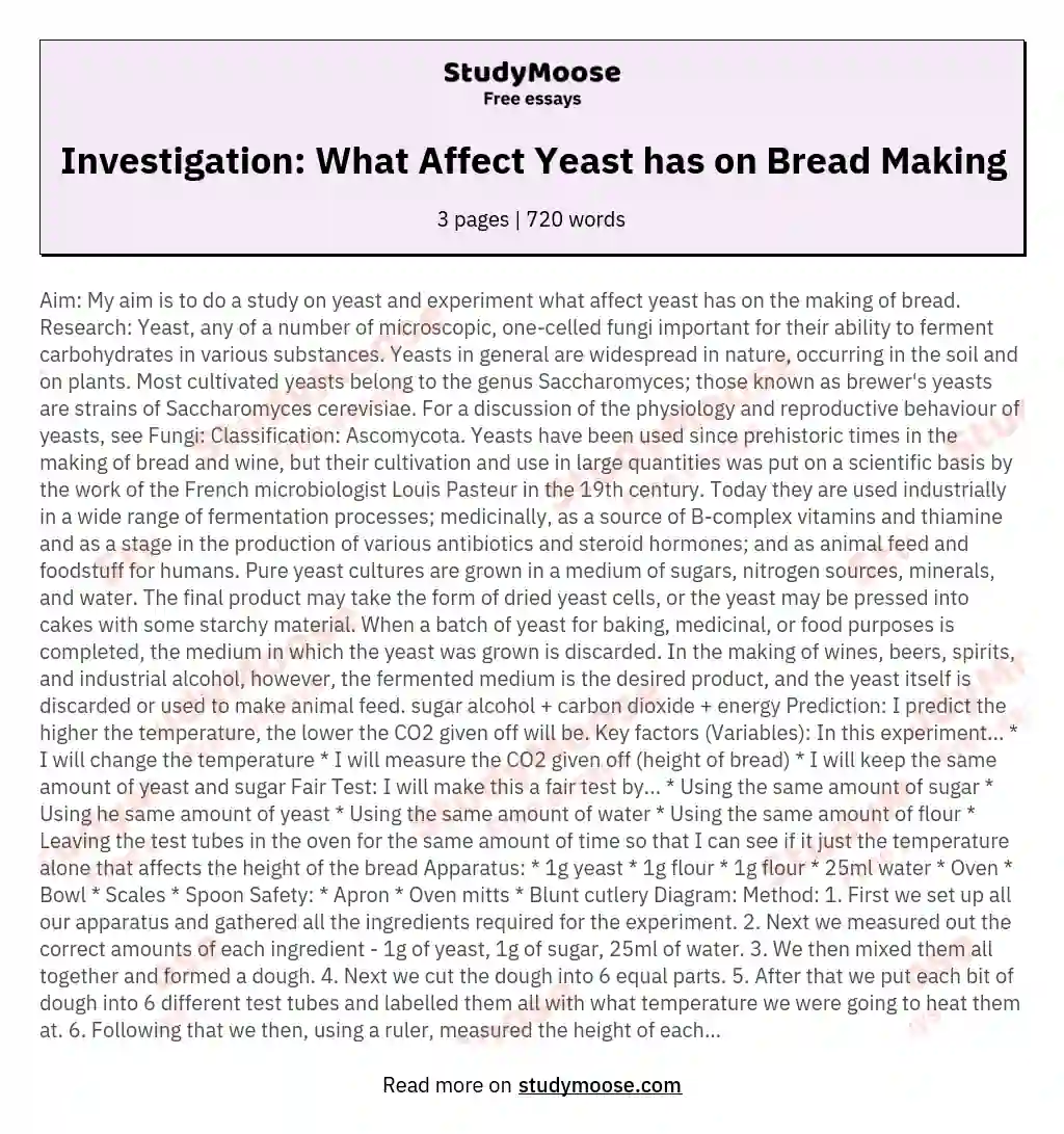 Investigation: What Affect Yeast has on Bread Making essay