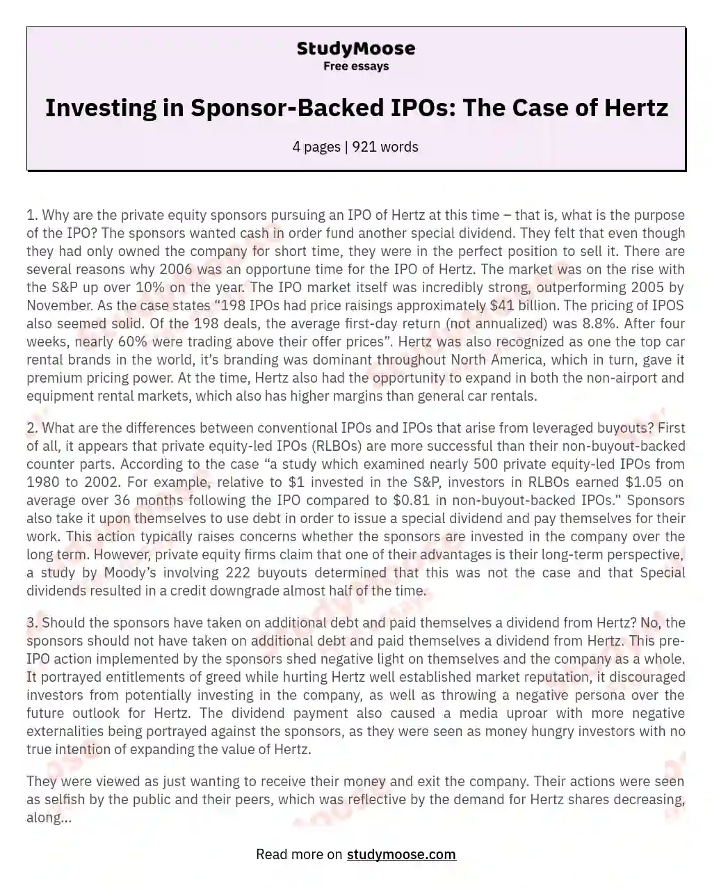 Investing in Sponsor-Backed IPOs: The Case of Hertz essay