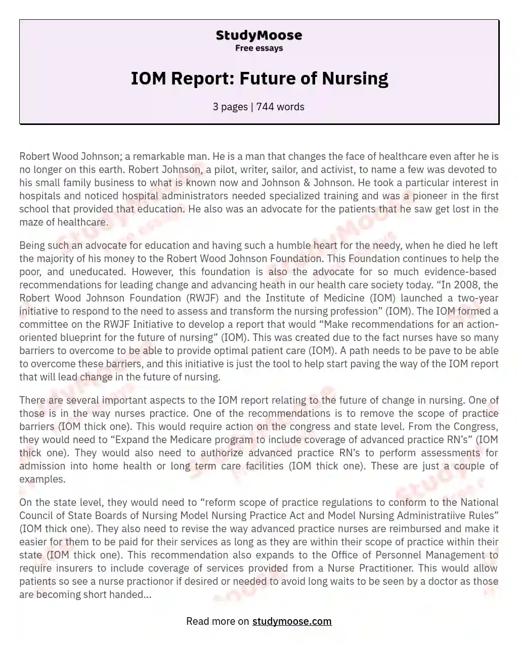 IOM Report: Future of Nursing essay