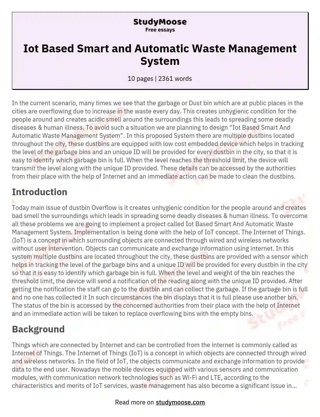 Iot Based Smart and Automatic Waste Management System essay
