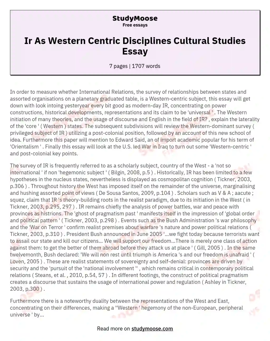 Ir As Western Centric Disciplines Cultural Studies Essay essay