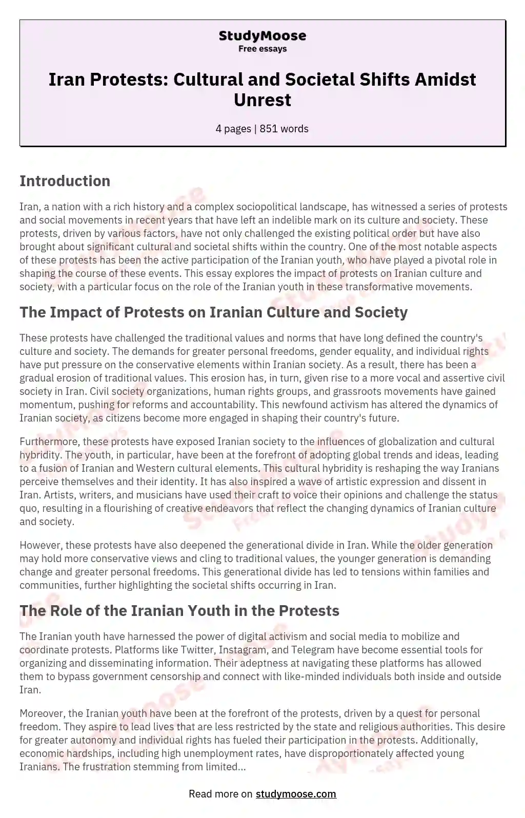 Iran Protests: Cultural and Societal Shifts Amidst Unrest essay