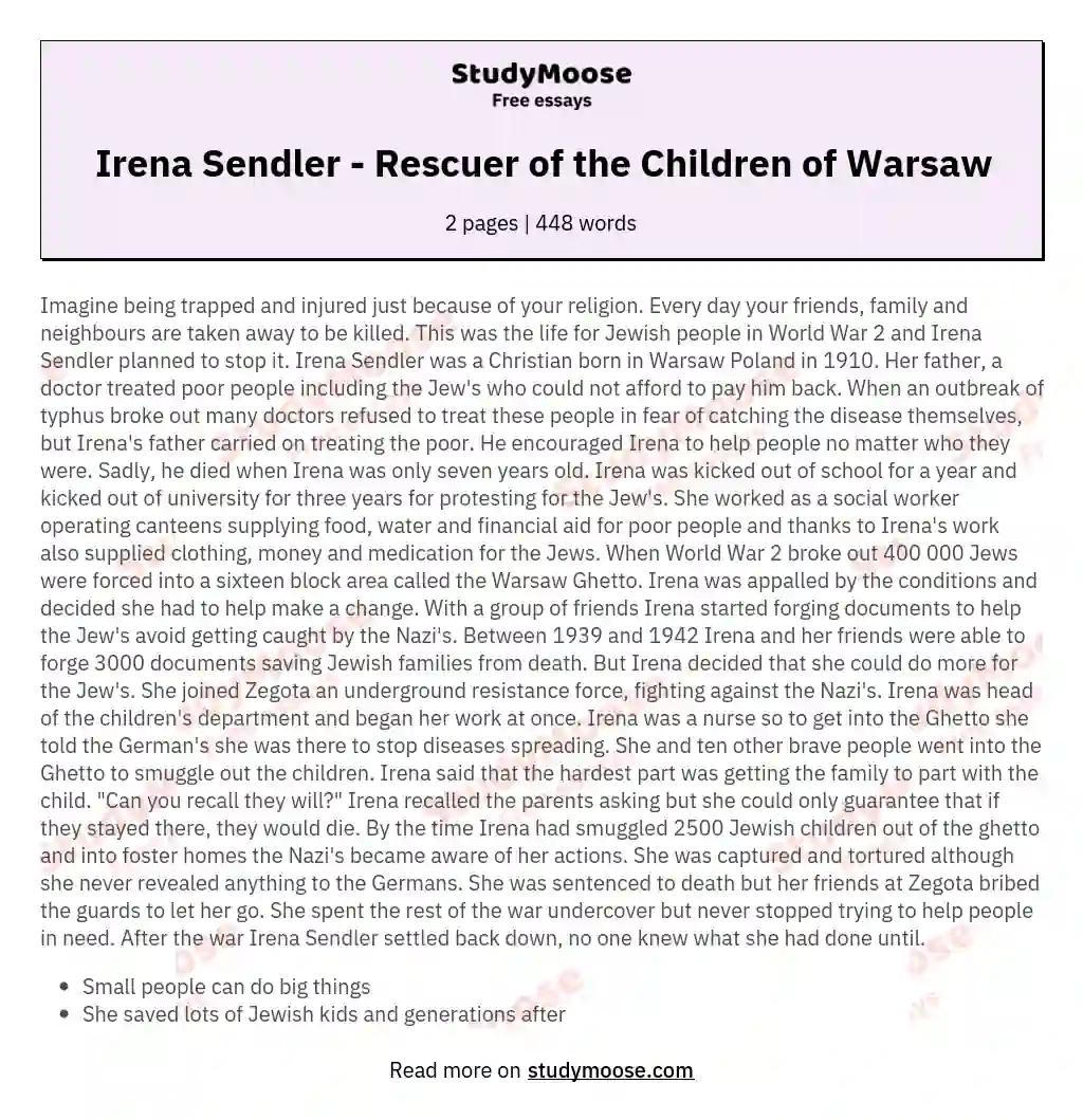 Irena Sendler - Rescuer of the Children of Warsaw essay
