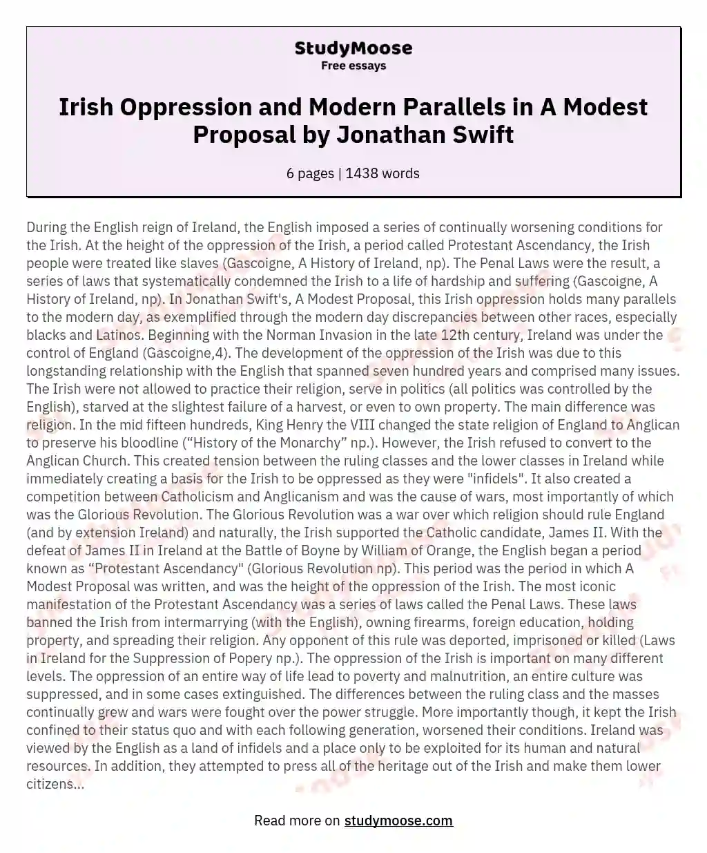 Irish Oppression and Modern Parallels in A Modest Proposal by Jonathan Swift essay