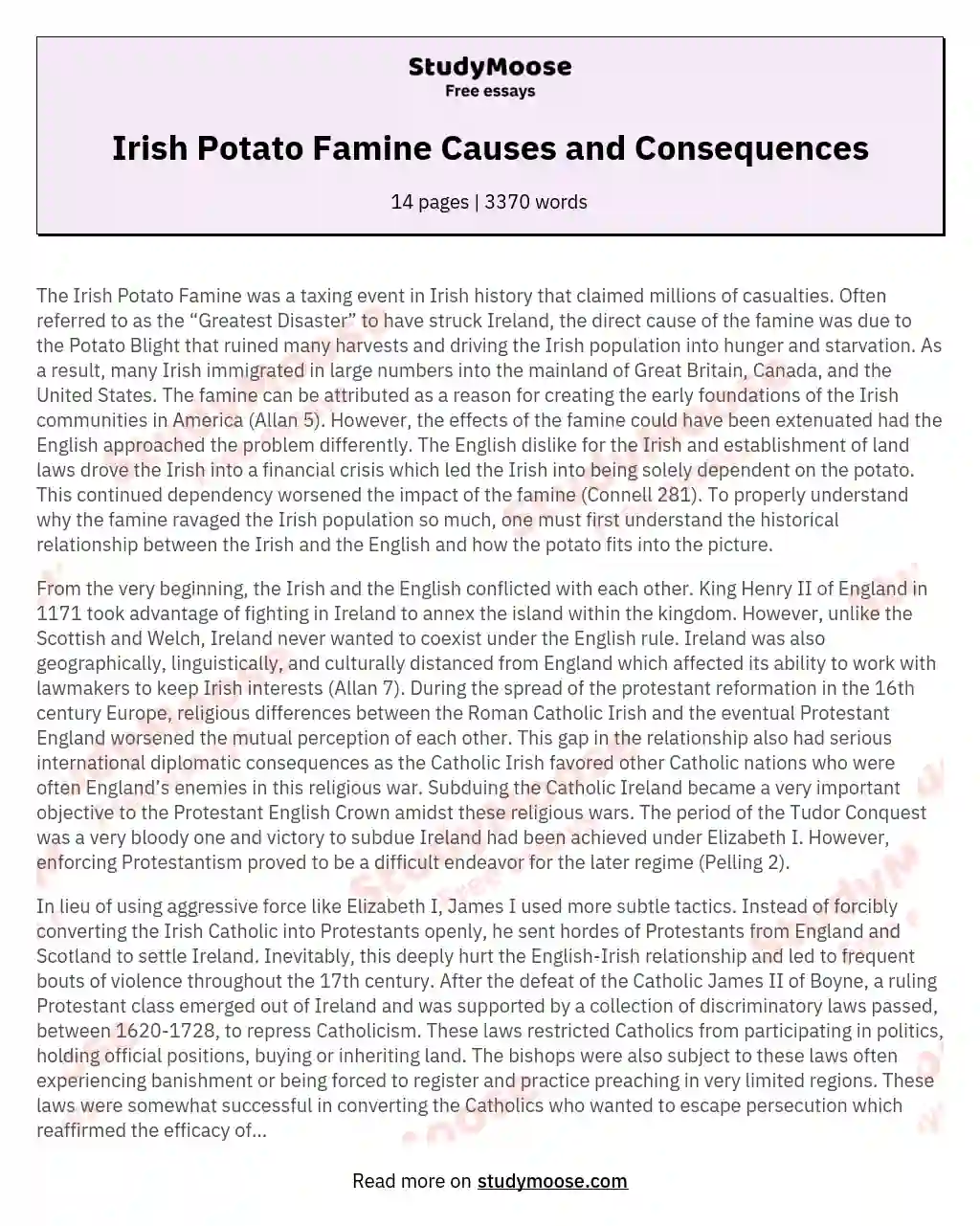 Irish Potato Famine Causes and Consequences essay