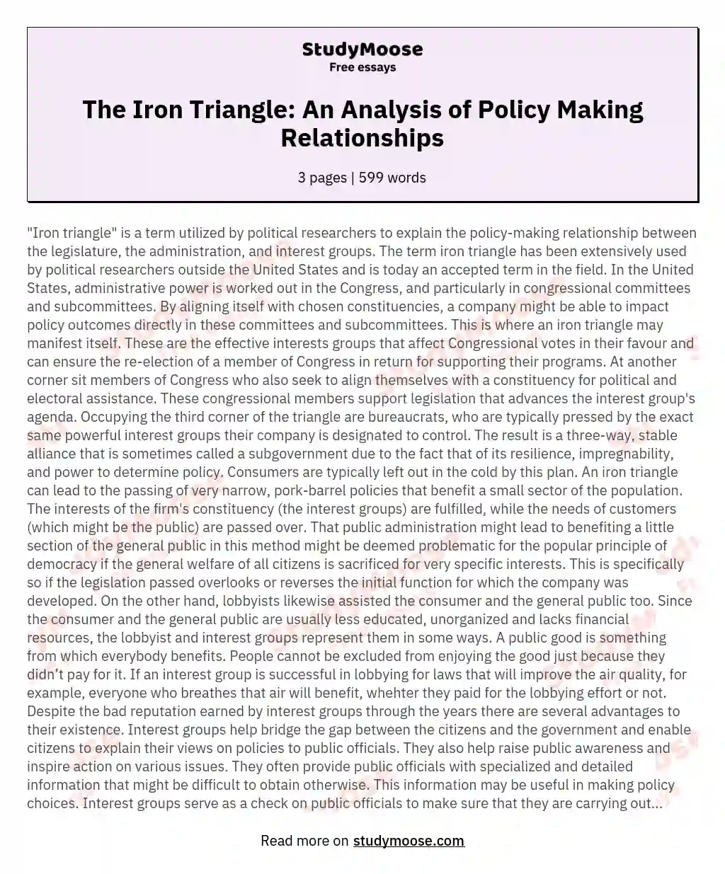 The Iron Triangle: An Analysis of Policy Making Relationships essay