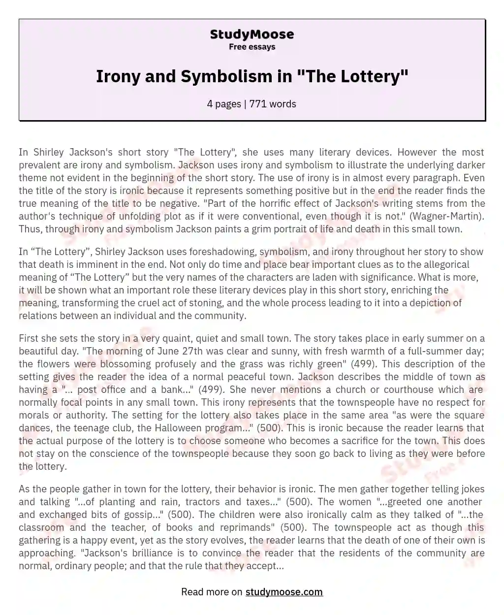 Irony and Symbolism in "The Lottery" essay