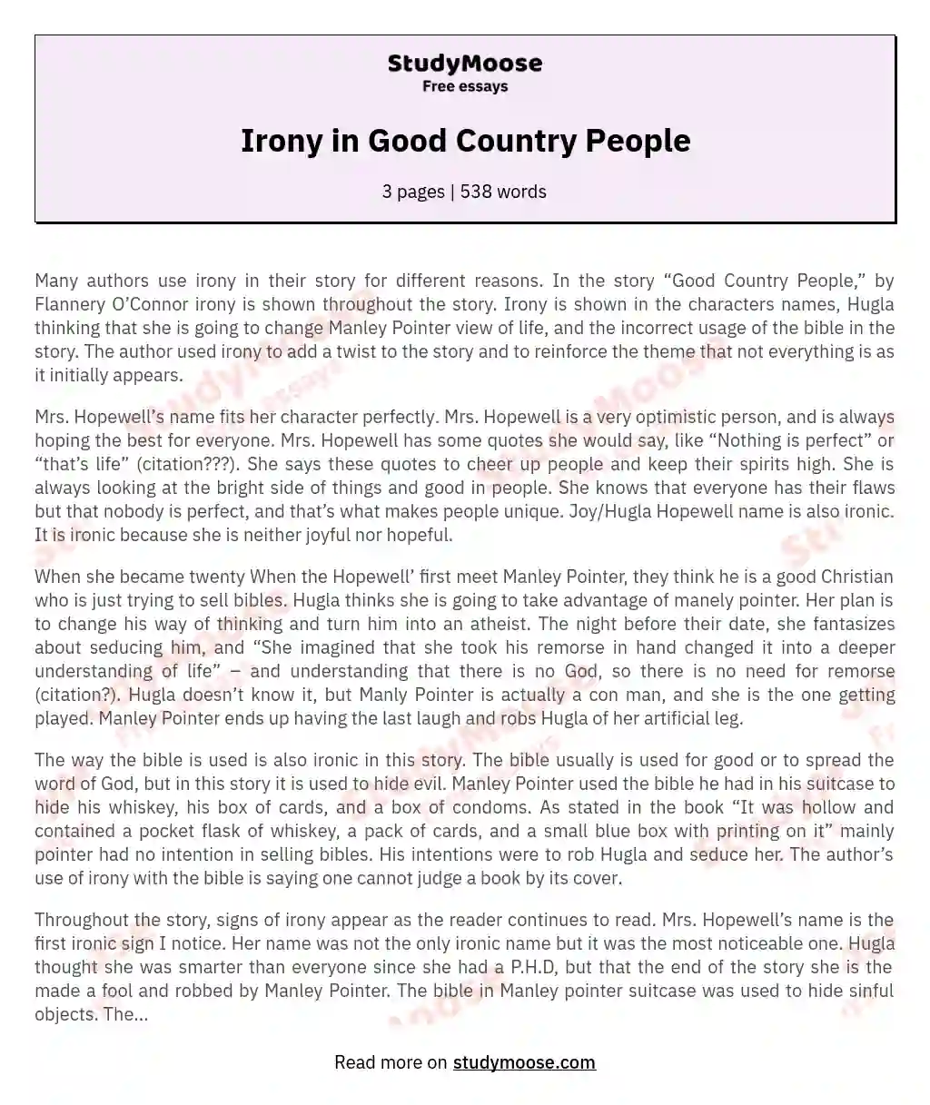 Irony in Good Country People essay