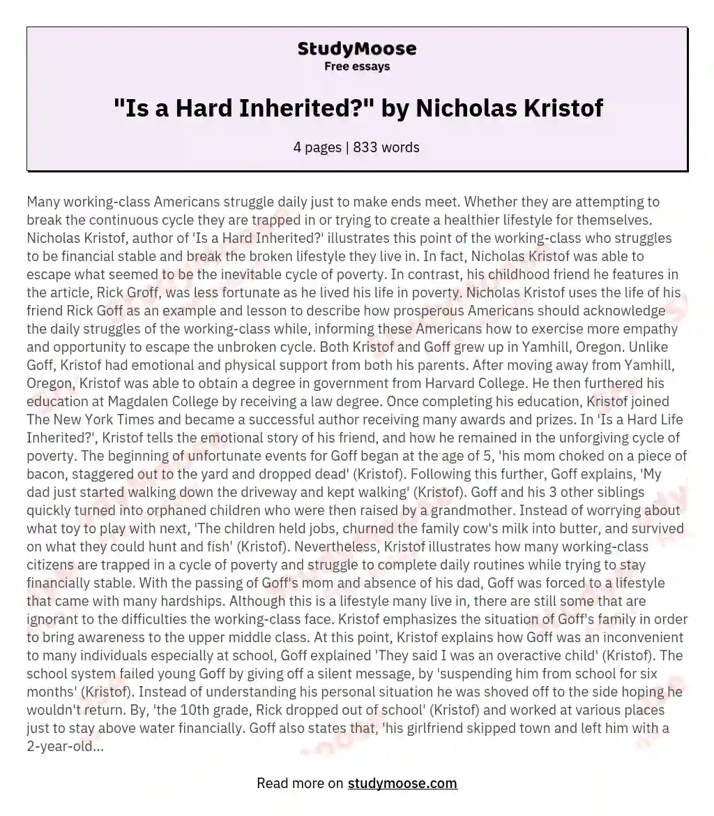 "Is a Hard Inherited?" by Nicholas Kristof essay