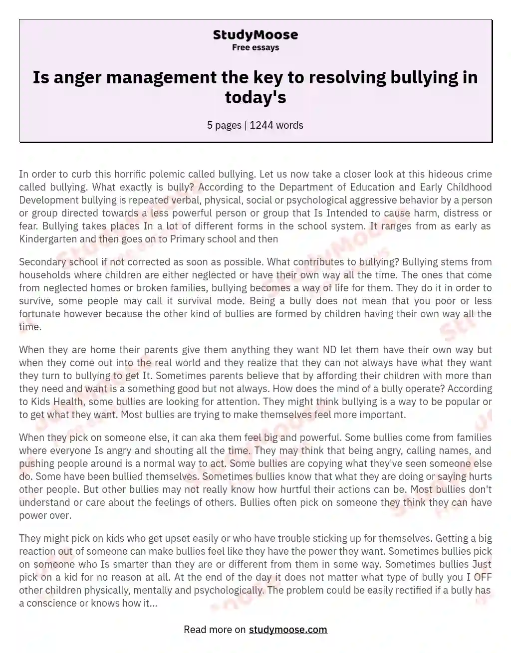 Is anger management the key to resolving bullying in today's essay