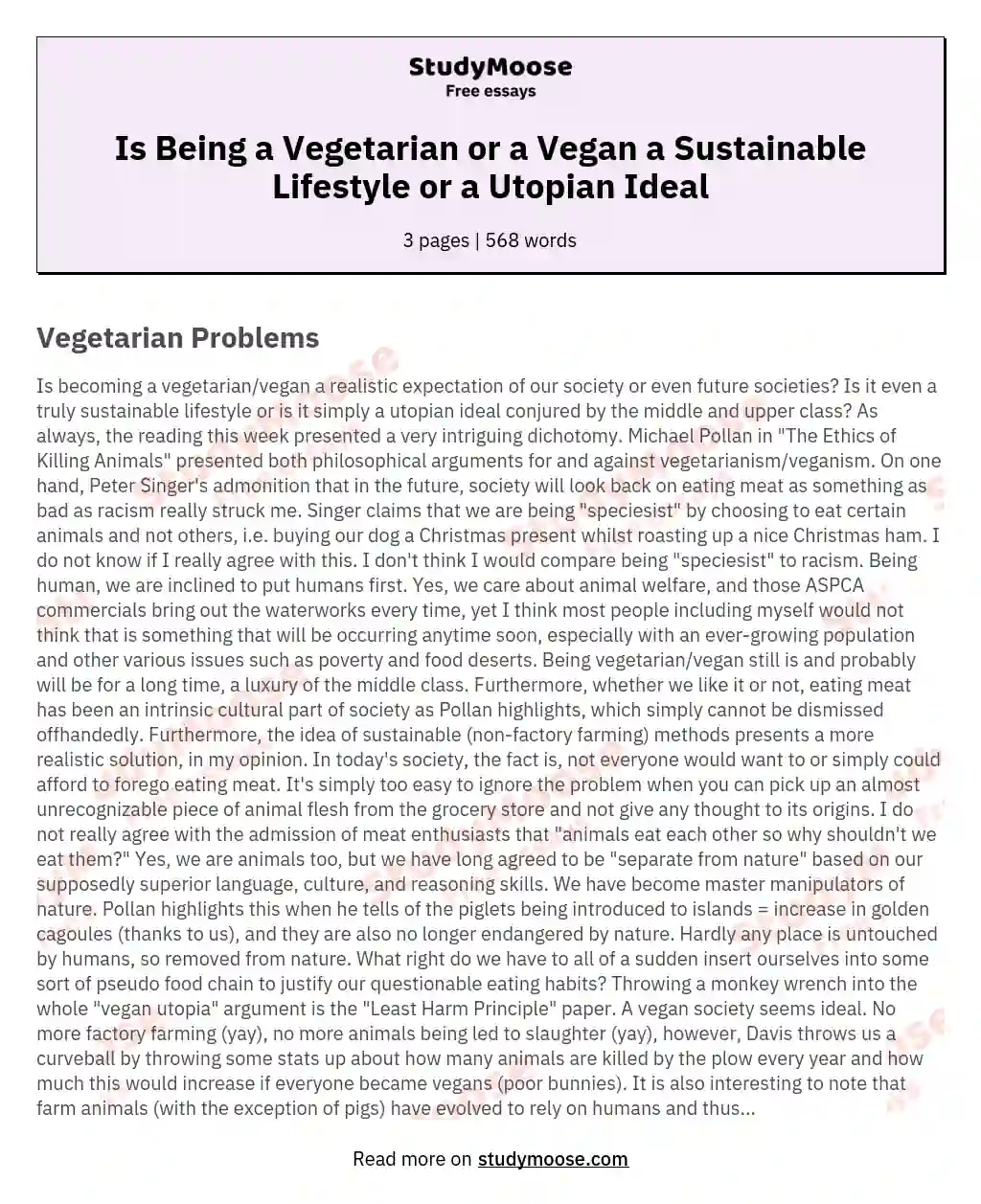 Is Being a Vegetarian or a Vegan a Sustainable Lifestyle or a Utopian Ideal essay
