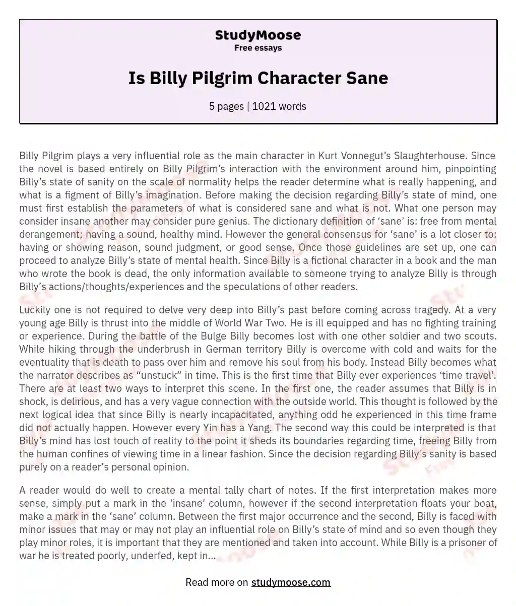 Is Billy Pilgrim Character Sane essay