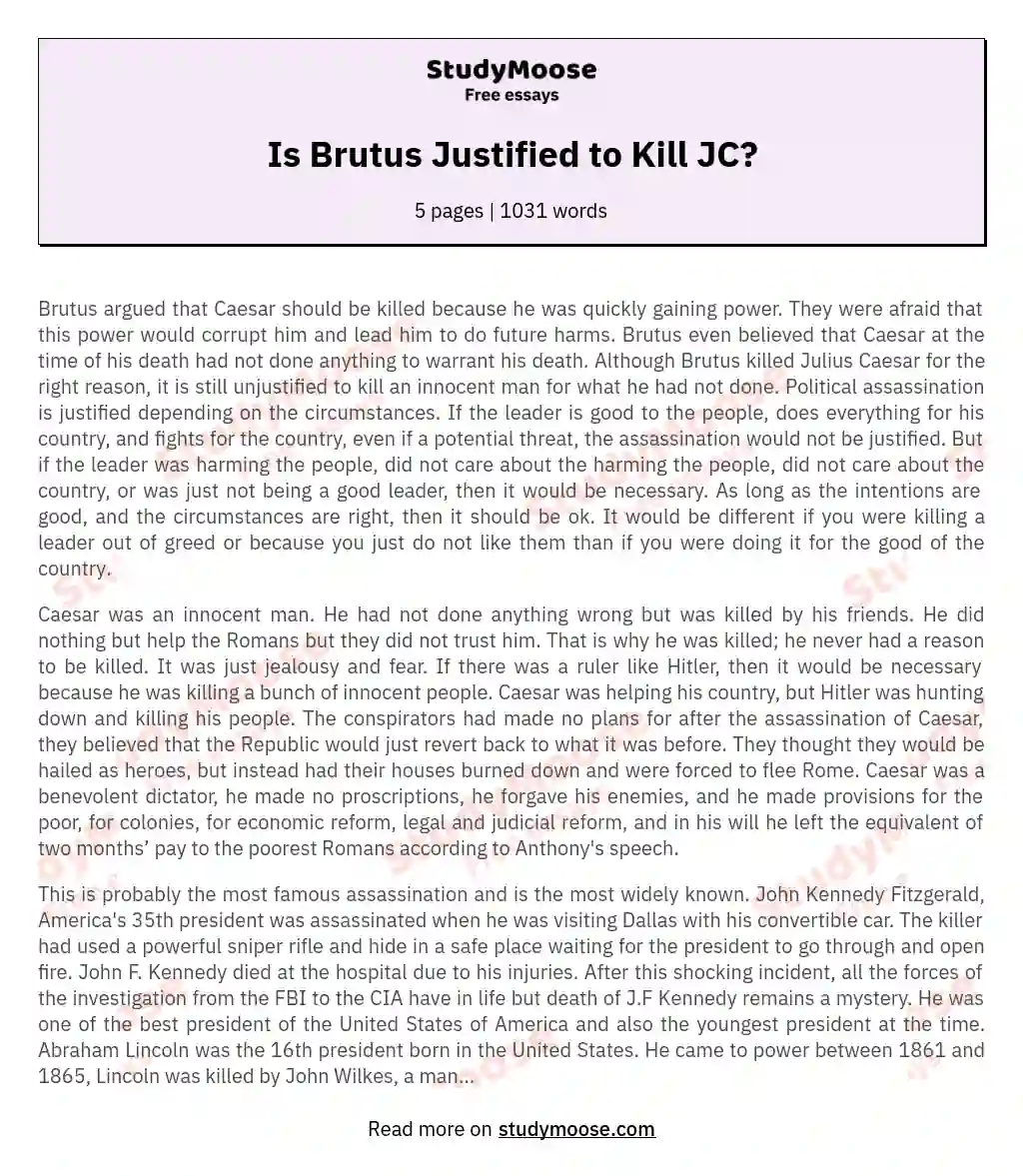 Is Brutus Justified to Kill JC? essay