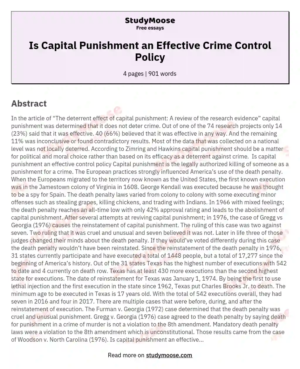 Is Capital Punishment an Effective Crime Control Policy essay
