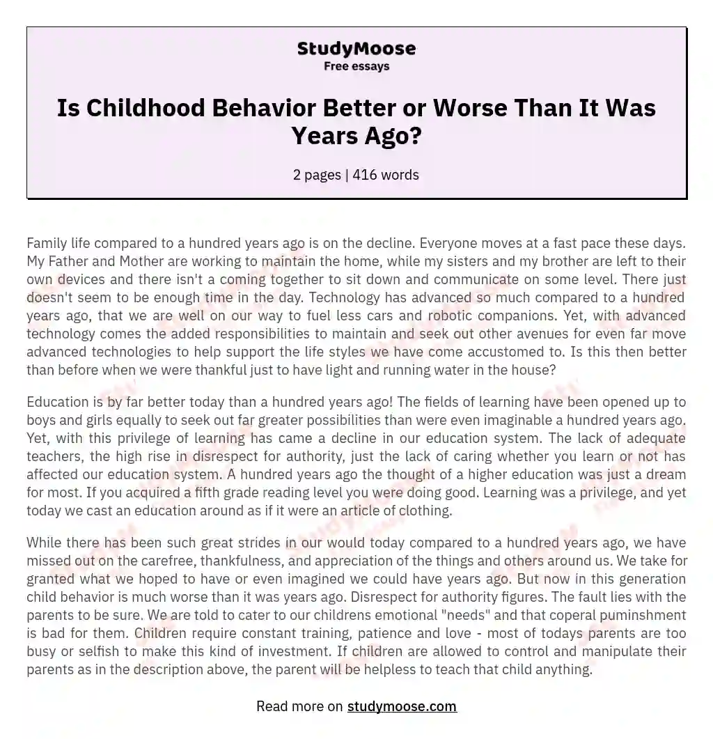 Is Childhood Behavior Better or Worse Than It Was Years Ago? essay