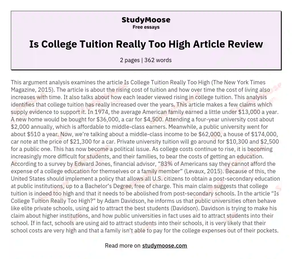 Is College Tuition Really Too High Article Review essay