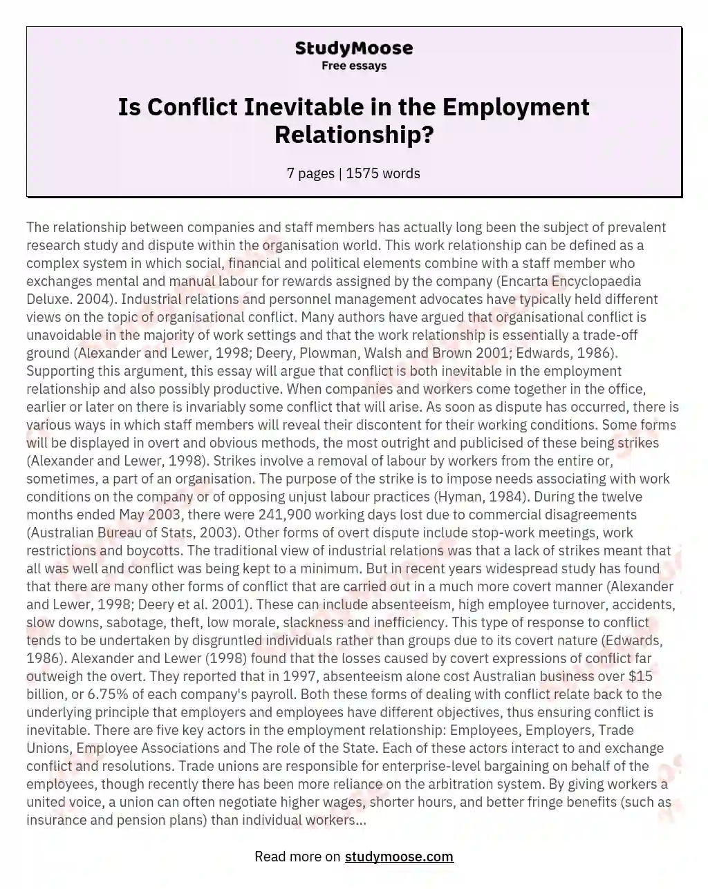Is Conflict Inevitable in the Employment Relationship? essay