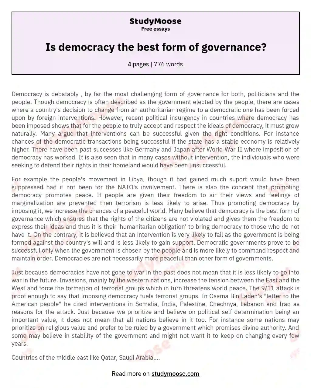 Is democracy the best form of governance? essay
