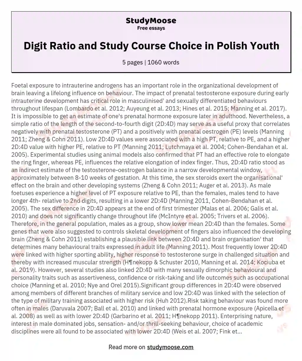 Is digit ratio (2D:4D) associated with the choice for the uniformed versus a civil study course by the Polish youth?