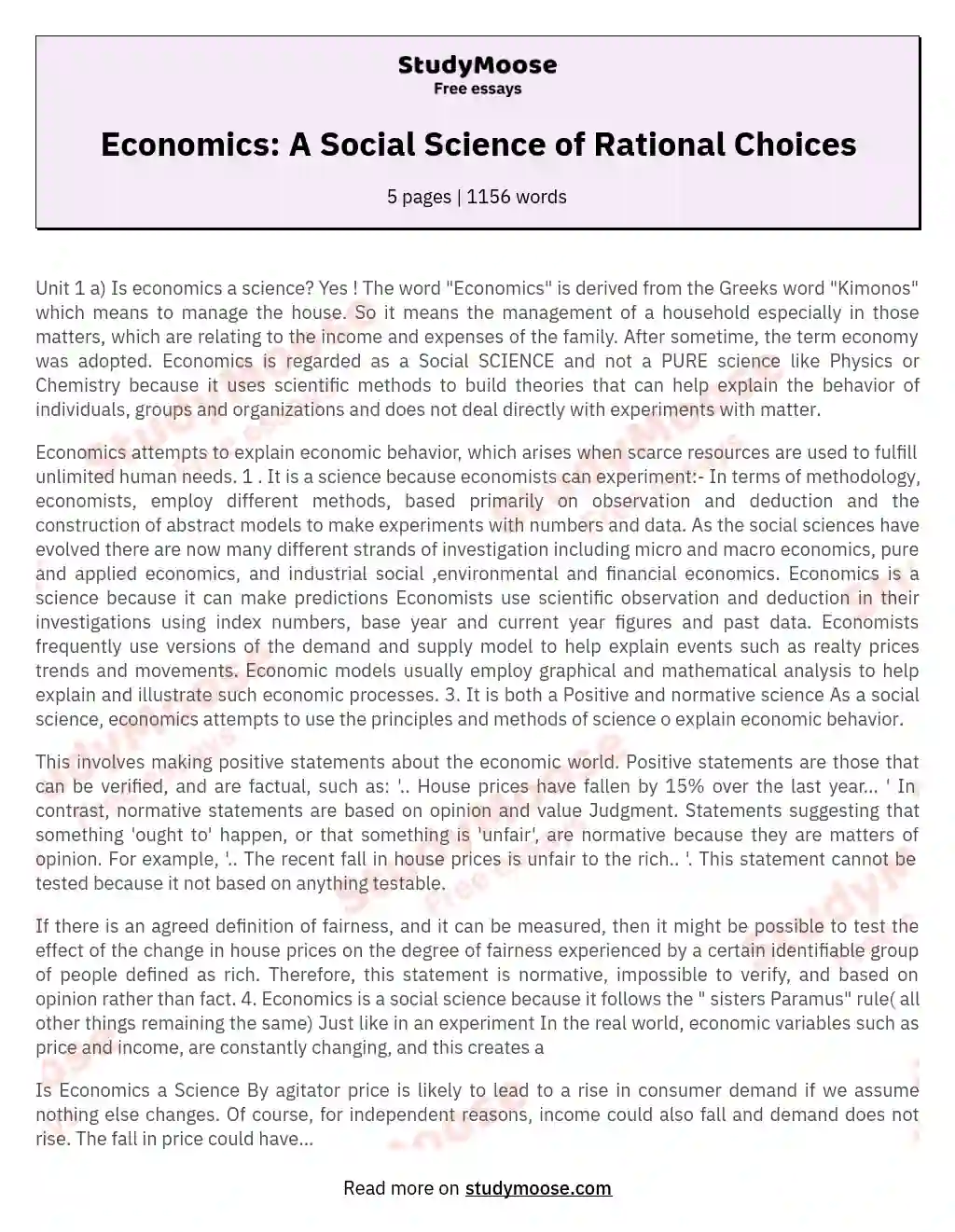 Economics: A Social Science of Rational Choices essay