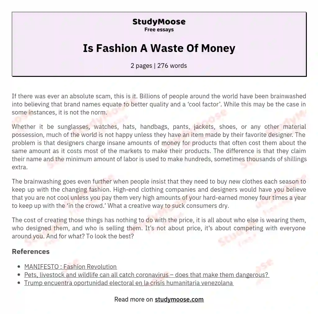 Is Fashion A Waste Of Money essay