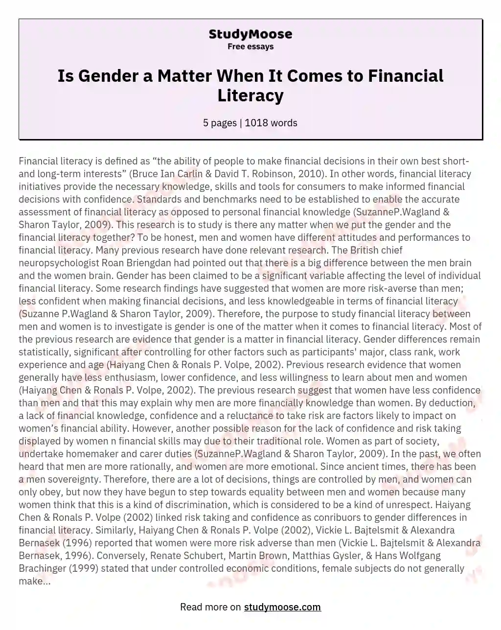 Is Gender a Matter When It Comes to Financial Literacy essay
