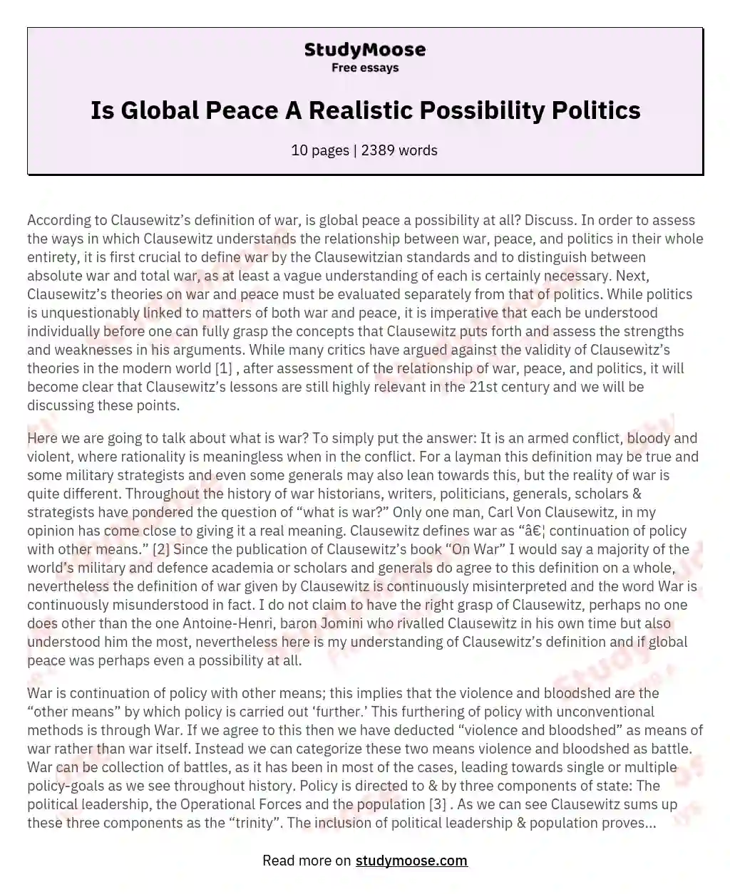 Is Global Peace A Realistic Possibility Politics essay