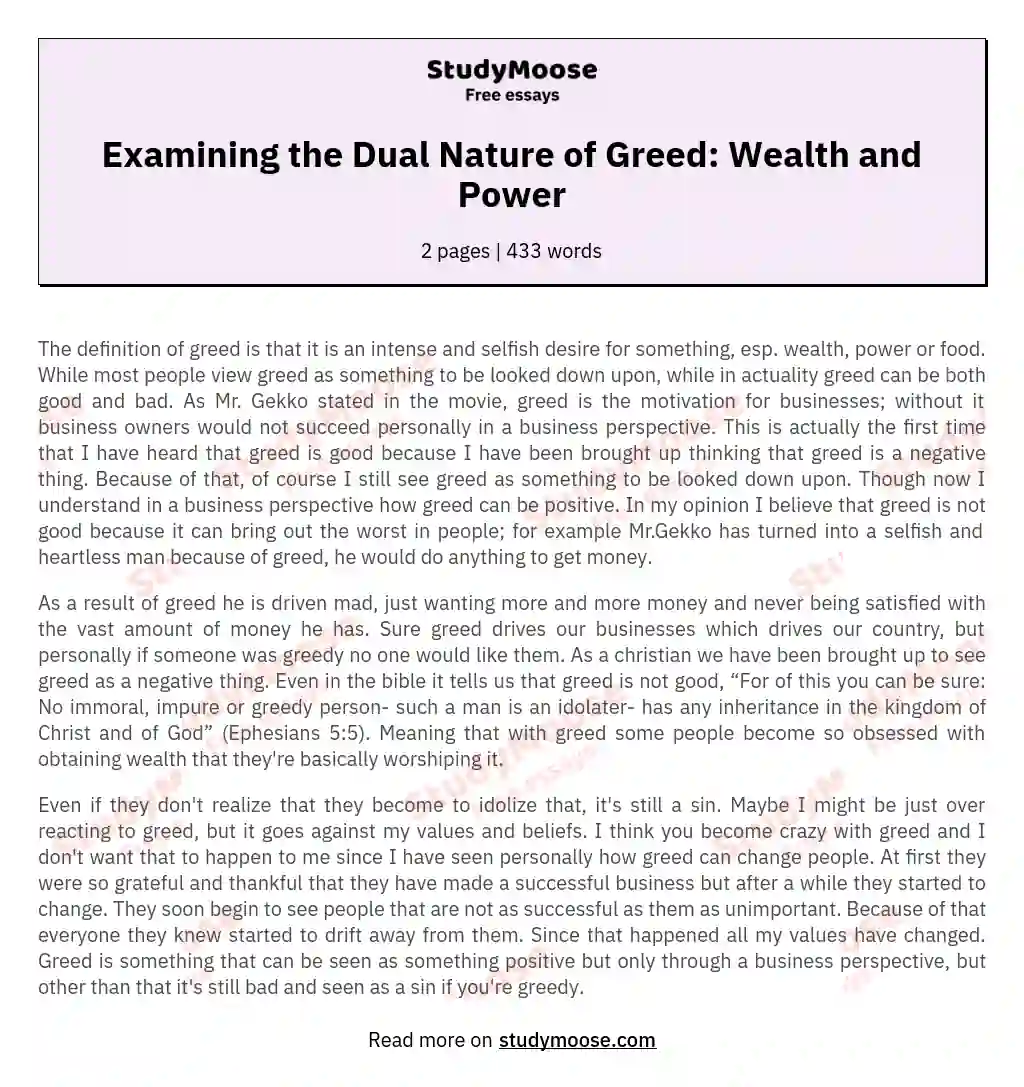 Examining the Dual Nature of Greed: Wealth and Power essay