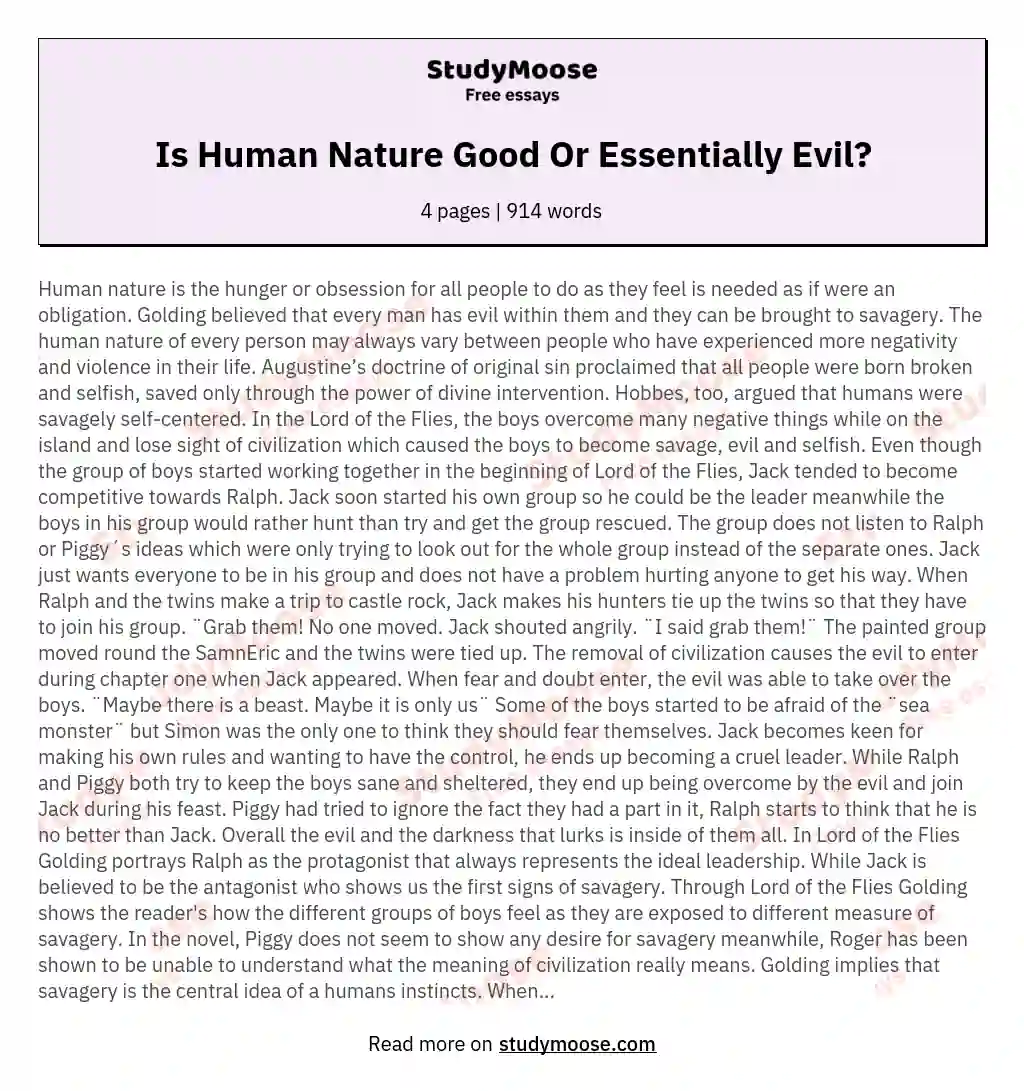 Is Human Nature Good Or Essentially Evil? essay