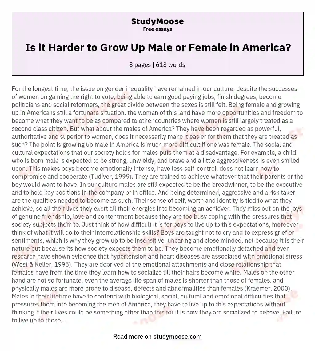 Is it Harder to Grow Up Male or Female in America? essay