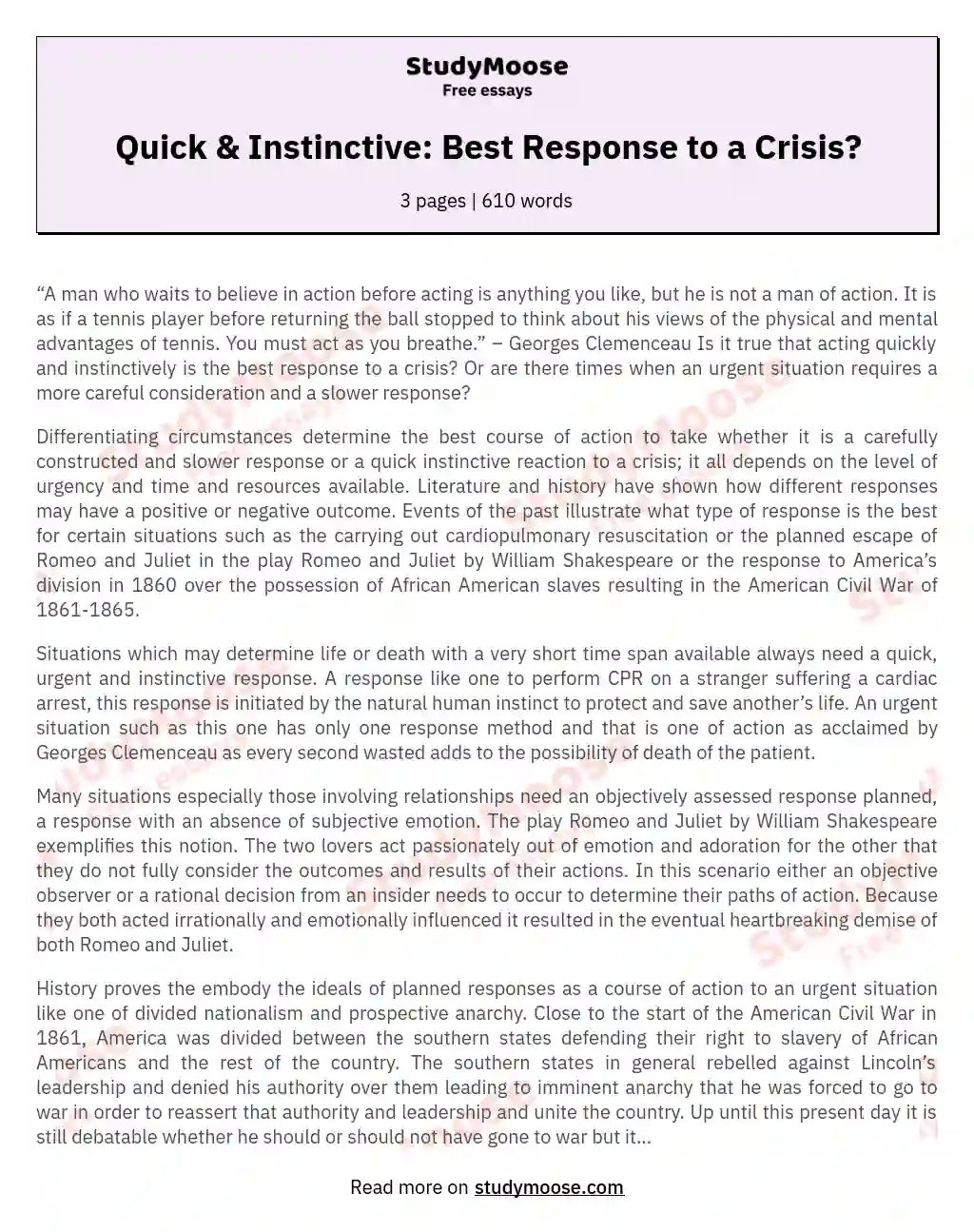 Quick & Instinctive: Best Response to a Crisis? essay