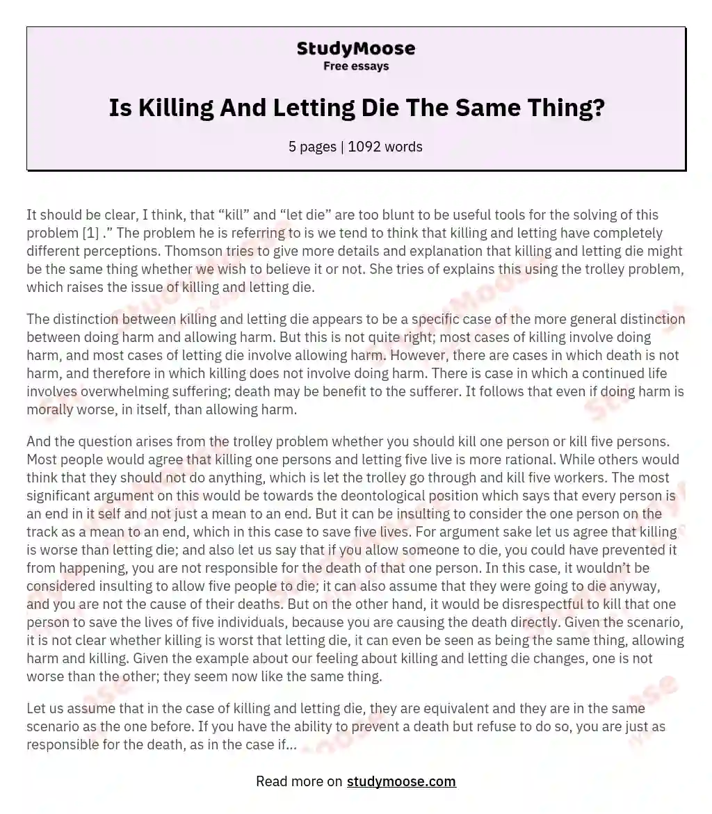 Is Killing And Letting Die The Same Thing? essay