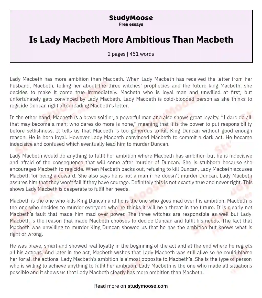Is Lady Macbeth More Ambitious Than Macbeth essay