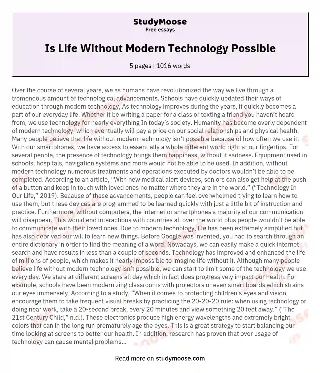 Is Life Without Modern Technology Possible essay