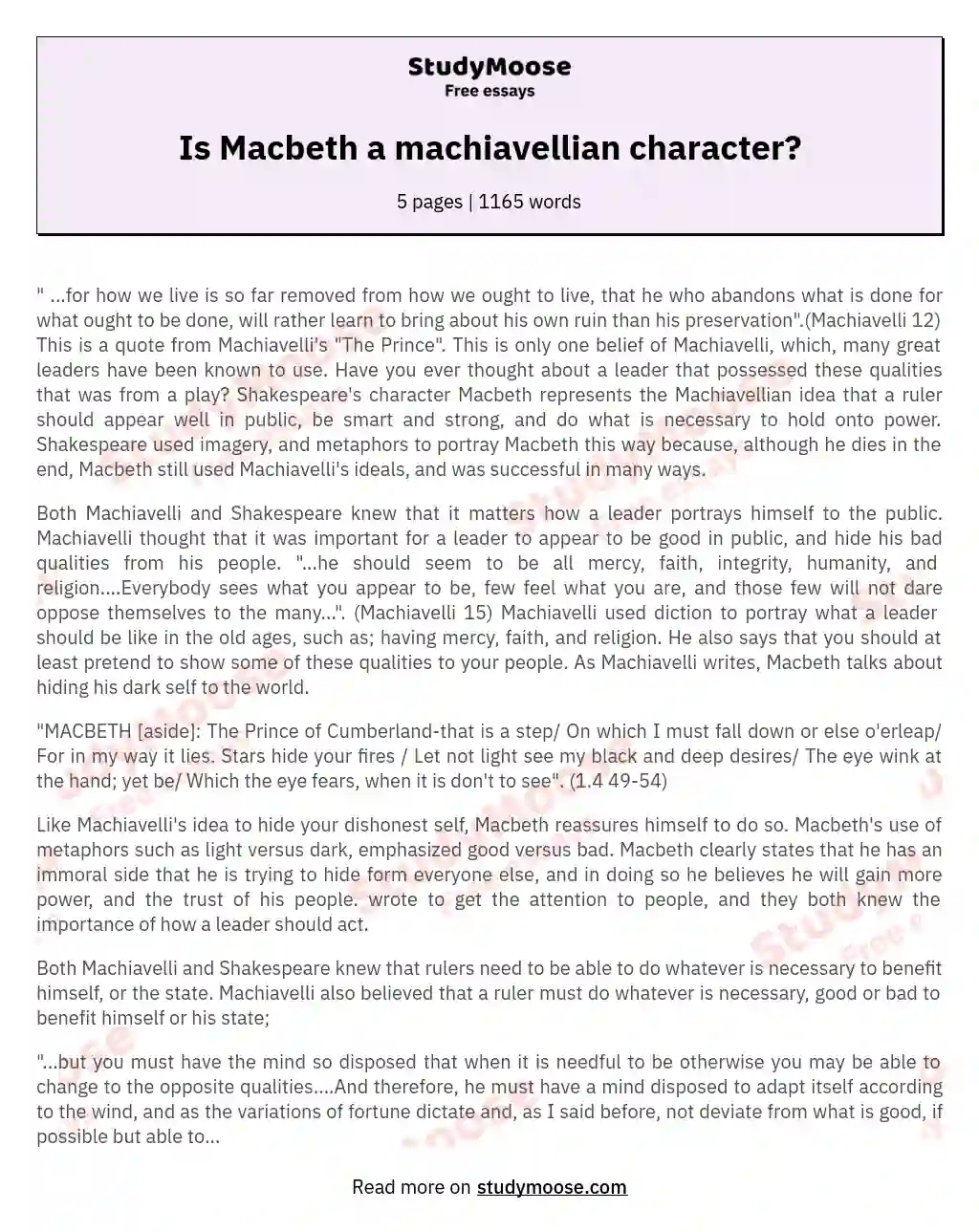 Is Macbeth a machiavellian character? essay
