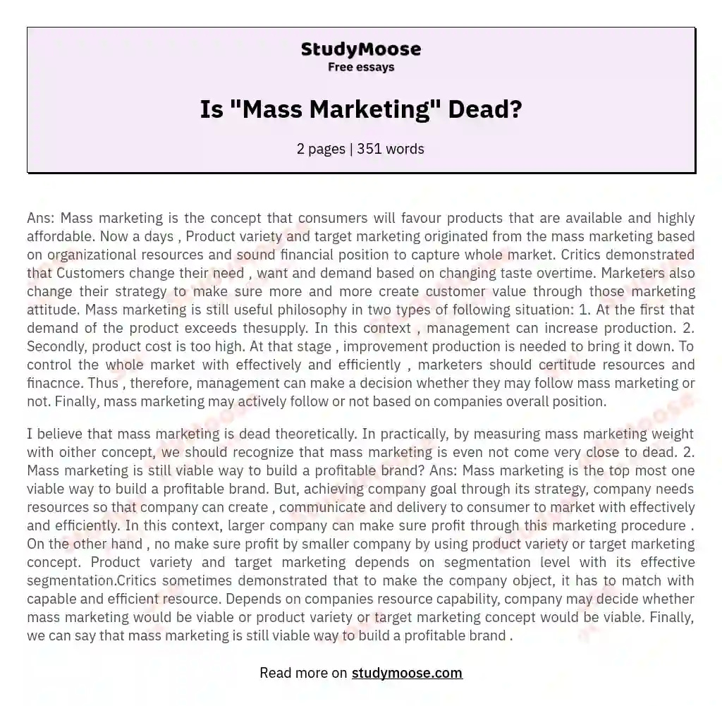 Is "Mass Marketing" Dead? essay