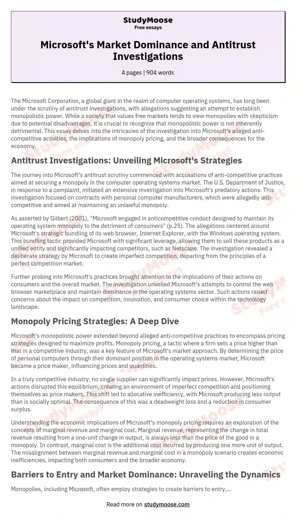 Microsoft's Market Dominance and Antitrust Investigations essay