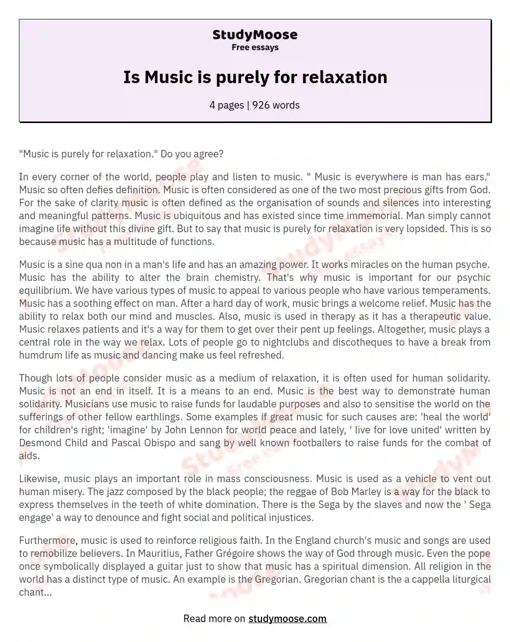 Is Music is purely for relaxation essay