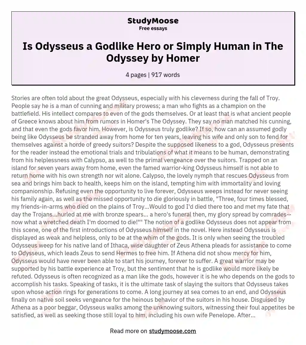 Is Odysseus a Godlike Hero or Simply Human in The Odyssey by Homer essay