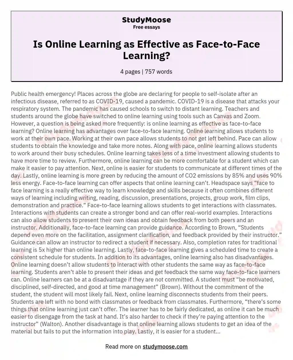 Is Online Learning as Effective as Face-to-Face Learning? essay