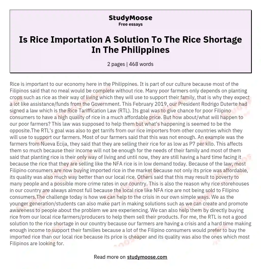 Is Rice Importation A Solution To The Rice Shortage In The Philippines