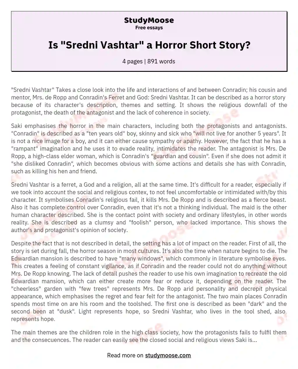 Is "Sredni Vashtar" a Horror Short Story? essay