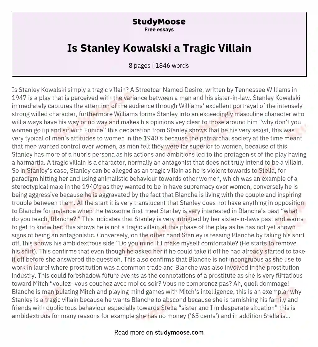 Is Stanley Kowalski a Tragic Villain