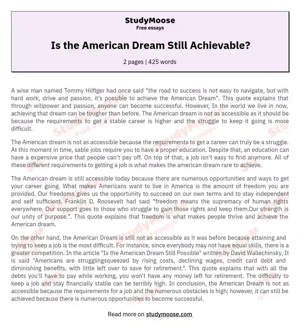 is the american dream still achievable essay