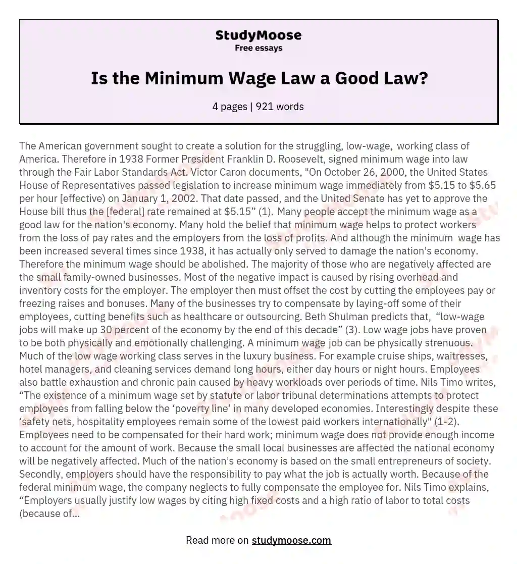 Is the Minimum Wage Law a Good Law? essay